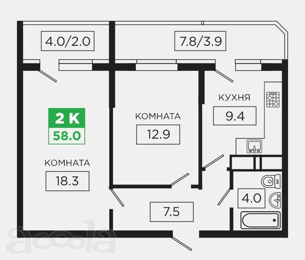 2-х к.кв. 57м2 в новом доме по ул. 40 лет Победы.