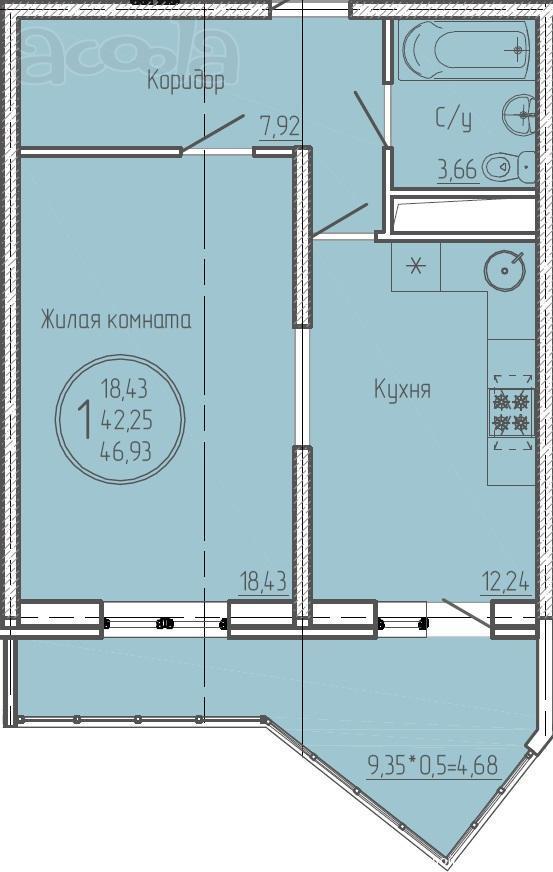 Продаю 1к. кв. 47кв. м. 3850т. р.