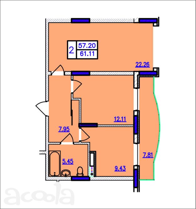 Квартира 2к. 61.1 м.кв.